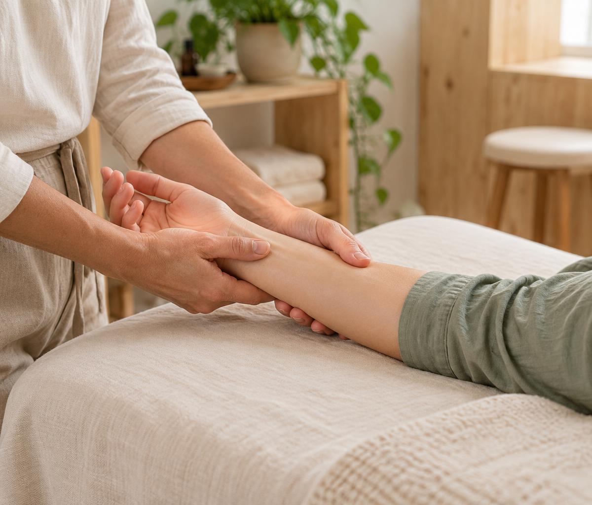 Gentle, attentive hands supporting a client's arm during bodywork